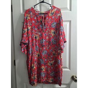 Democracy Women’s Short Sleeve Flare Arms Red Floral Dress with Pockets Large